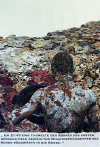 Marcel Odenbachs Collage zeigt einen afrikanischen Diamantenwäscher in Rückenansicht.