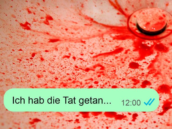 Macbeth – Ein Kurznachrichtentheater - beim Veranstalter Blutiges Waschbecken mit der Textnachricht "Ich hab die Tat getan ..."