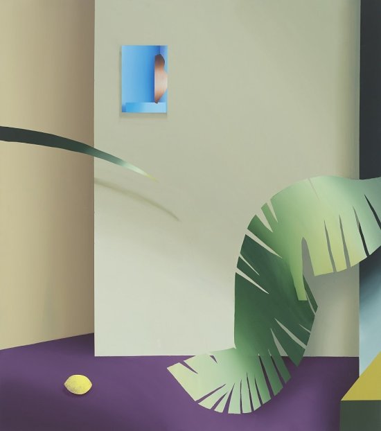 Die Abbildung zeigt einen stilisierten Innenraum. An einer Wand hängt ein kleines blaues Bild. Überschnitten wird die Szene links und rechts von einzelnen stilisierten Grünpflanzenblättern.