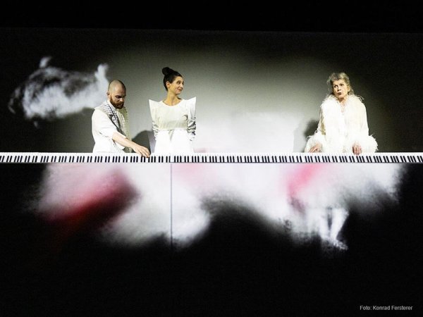 Goldfischgesänge - Staatstheater Nürnberg Zwei Schauspielerinenn und ein Schauspieler stehen vor einer langen Klaviertastatur