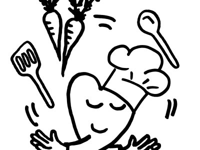 Zeichnung Herz mit Kochmütze jongliert mit Kochlöffel und Karotten