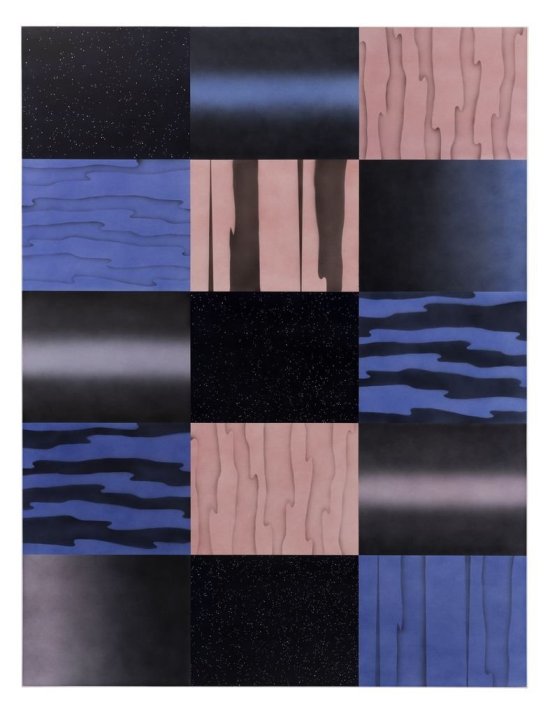 Das Gemälde zeigt in fünfzehn Felder aufgeteilt, Aufnahmen eines Nachthimmels sowie verschiedene abstrahierte Sternspektren