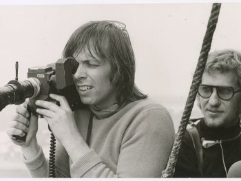 Copyright: Ingeborg Ullrich Schwarzweiß Foto auf dem die beiden Filmemacher Detlef Gumm und Hans-Georg Ullrich zu sehen sind