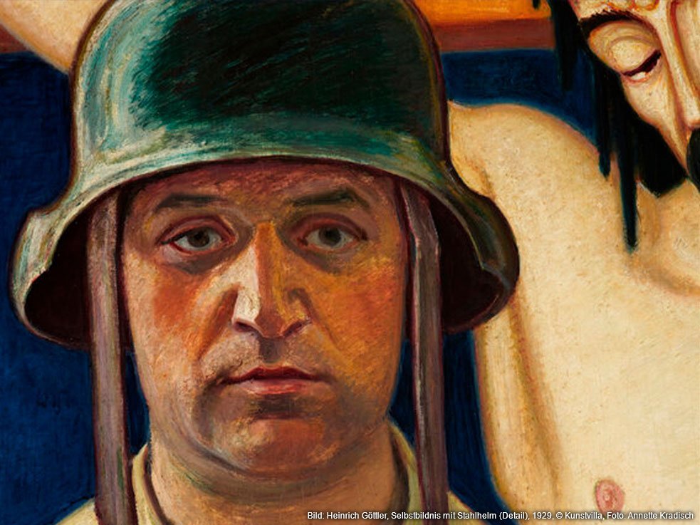 Grauzonen. Nürnberger Künstler:innen im Nationalsozialismus - Heinrich Göttler, Selbstbildnis mit Stahlhelm, 1929, © Kunstvilla Gemälde eines Malers mit Stahlhelm
