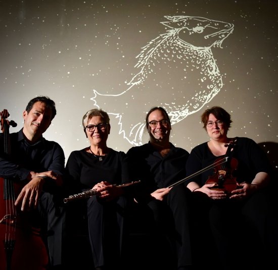 Vier Musiker sitzen vor einer Wand mit Sternen