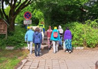 Acht Personen laufen zusammen einen Weg entlang.