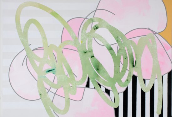 Malte van de Water, green squiggle in front of pink bubbles and grey stripes, Acryl auf Leinwand 80 x 110 cm