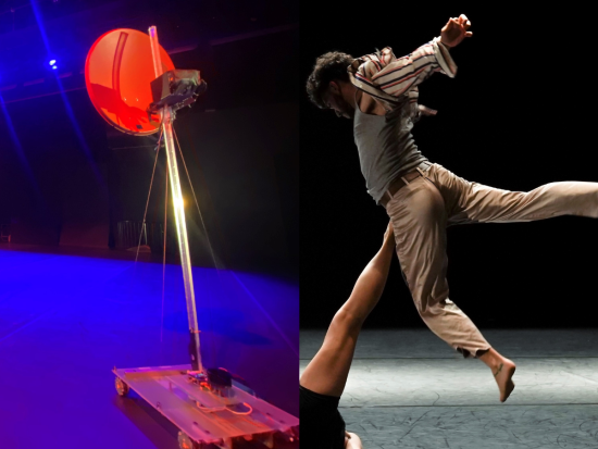 Auf dem rechten Bild ist ein Soundroboter zu sehen, links eine springender Tänzer.