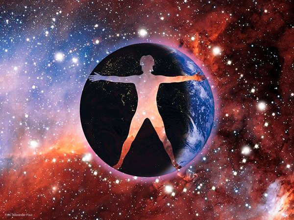 Welt, Körper, Geist - Der Platz des Menschen im Kosmos - Alexander Paul Illustration einen Menschen vor der Erdkugel im Weltall.
