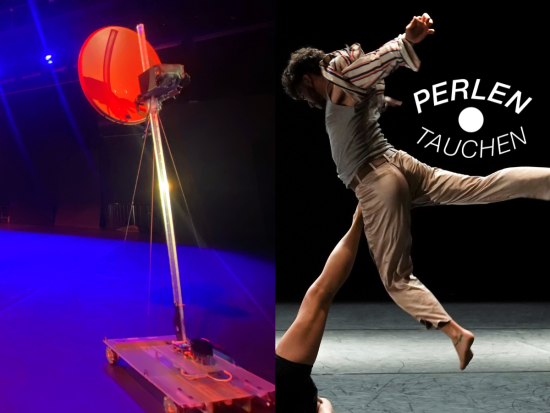 Auf dem rechten Bild ist ein Soundroboter zu sehen, links eine springender Tänzer.