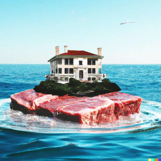 Eine Villa steht auf einem Stück Fleisch. Das Stück Fleisch schwimmt im Wasser.