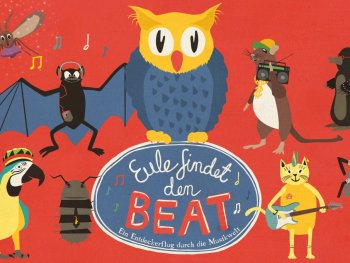 Titelbild "Eule findet den Beat": eine Eule in der Mitte, um sie herum andere Tiere die Musik hören oder spielen