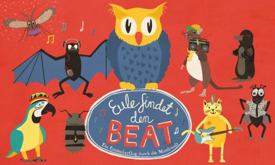 Titelbild "Eule findet den Beat": eine Eule in der Mitte, um sie herum andere Tiere die Musik hören oder spielen
