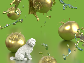 Grafik mit fliegenden goldenen, spritzenden Tomaten und einem kleinen Hund vor grünem Hintergrund