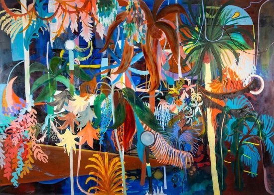 Gemälde mit Farnen, Palmen und anderen großblättrigen Pflanzen in kräftigen Blau-, Rot- und Orangetönen