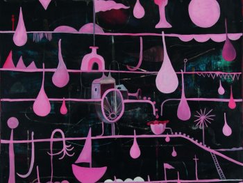 Waagrechte Linien durchziehen das Bild, dazu REgentropfen, ein Segelschiff, stilisierte Pflanzen, alles in Pink vor schwarzem Hintergrund