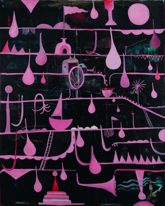Waagrechte Linien durchziehen das Bild, dazu REgentropfen, ein Segelschiff, stilisierte Pflanzen, alles in Pink vor schwarzem Hintergrund