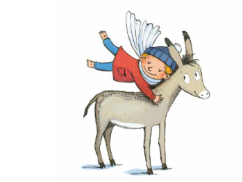 Bild aus dem Buch "Das Eselchen und der kleine Engel", das Engelchen in blauer Hose und Mütze und roter Jacke schwebt über Eselchens Rücken und umarmt es mit einem Lächeln und geschlossenen Augen