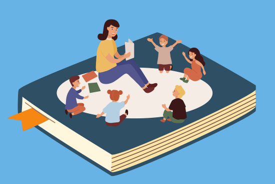 Zeichnung einer Frau, die 5 Kindern vorliest, alle sitzend auf einem Riesenbuch