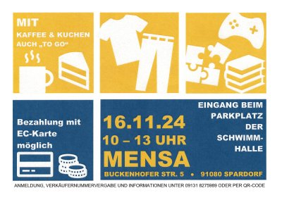 In drei gelben Kästchen sind Symbole von Büchern, Spielen und Kleidung zu sehen, ausserdem eine Kaffeetasse und ein SAtück Kuchen mit dem Hinweis: "Mit Kaffe und Kuchen, auch To Go". Im Blauen Kästchen unten rechts ist der Hinweis "Bezahlung mit EC-Karte möglich", im blauen Kästchen rechts daneben steht: 16.11.24, 10-13 Uhr, Mensa, Buckenhofer Str. 5, 91080 Spardorf, Eingang beim Parkplatz der Schwimmhalle.