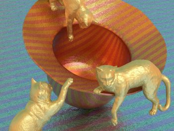 Drei goldfarbene Katzenfiguren um einen rot-gold gestreiften Hut auf blau-grün gestreiftem Untergrund.