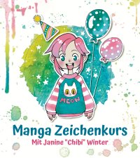 Lachendes Mädchen hält 2 Ballkons in ihrer Hand. Auf ihrem blau-rosa Pullover ist eine Katze, sowie der Schritzug "Meow" zu sehen. Das Mädchen ist im Chibi Mangastil von Janine "Chibi" Winter gezeichnet.