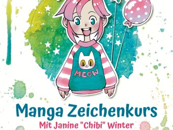 Copyright: Janine Winter Lachendes Mädchen hält 2 Ballkons in ihrer Hand. Auf ihrem blau-rosa Pullover ist eine Katze, sowie der Schritzug "Meow" zu sehen. Das Mädchen ist im Chibi Mangastil von Janine "Chibi" Winter gezeichnet.