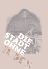Schwarz-weiße Linienzeichnung einer Stadt mit einer Giraffe auf einem Dach und mehreren Menschen im Vordergrund, darüber der Text 'DIE STADT OHNE JUDEN'