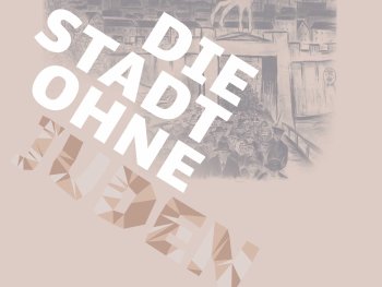 Schwarz-weiße Linienzeichnung einer Stadt mit einer Giraffe auf einem Dach und mehreren Menschen im Vordergrund, darüber der Text 'DIE STADT OHNE JUDEN'