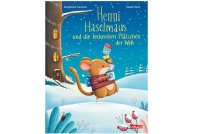 Buchcover "Henni Haselmaus und die leckersten Plätzchen der Welt", eine Maus in Strickpullover balanciert Geschenke in einer verschneiten Landschaft, im Hintergrund ist ein Baumhaus zu sehen