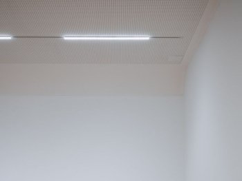 Foto: Laura Michele Kniesel
Zwei Personen unterhalten sich in der Ausstellung, im Hintergrund ein Bild von Lauren Becall am Telefon.