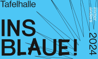 Schriftlogo Ins Blaue auf hellblauem Grund, Überschrift: Tafelhalle, rechte Seite: dünne Linien in Form einer Sonne