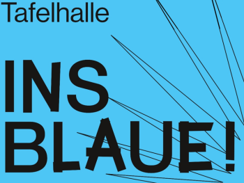Schriftlogo Ins Blaue auf hellblauem Grund, Überschrift: Tafelhalle, rechte Seite: dünne Linien in Form einer Sonne