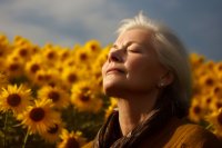 Im Hintergrund sind Sonnenblumen zu sehen und eine Person steht mit geschlossenen Augen davor
