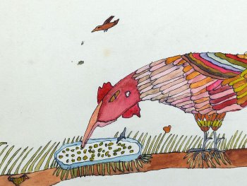 Foto: André Batista-Maia
Auf der Kinderzeichnung ist Huhn mit bunten Federn zu sehen, das Körner vom Boden aufpickt.