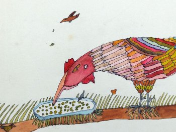 Auf der Kinderzeichnung ist Huhn mit bunten Federn zu sehen, das Körner vom Boden aufpickt.