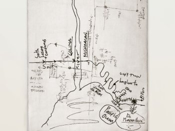 Copyright: Christian Jankowski, aus der Serie Künstlerpfade 2009/2010 handgewebter Teppich nach einer Zeichnung des Künstlers, der den Weg von seinem temporären Studio zum Strand am pazifischen Ozean markiert mit verschiedenen kulturellen Punkten.