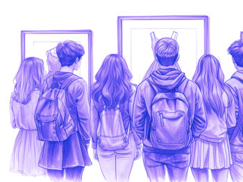 Eine Gruppe junger Menschen vor Bildern