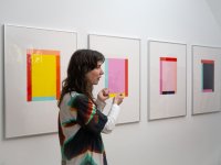 Eine Kunstvermittlerin vor einer Reihe Bilder bei einer Führung