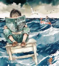 junges Mädchen, sitzt auf einem Tisch im Meer schwimmend