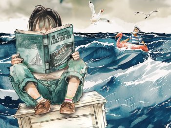 junges Mädchen, sitzt auf einem Tisch im Meer schwimmend