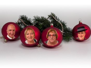 Copyright: Pfarrgemeinde St. Anton Vier Christbaumkugeln mit Gesichtern