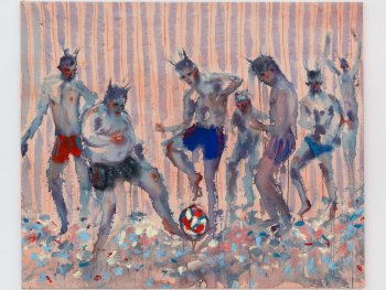 Copyright: Andrej Dúbravský, Seven pajama players on the blue sparkling beach, 2025, Courtesy DITTRICH & SCHLECHTRIEM, Berlin Sieben Fußballer am Strand - Bildausschnitt