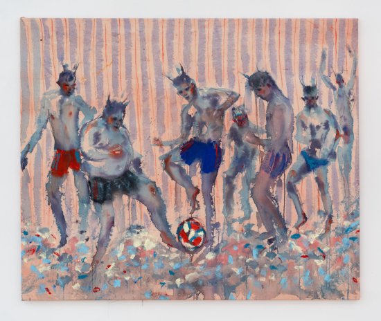 Copyright: Andrej Dúbravský, Seven pajama players on the blue sparkling beach, 2025, Courtesy DITTRICH & SCHLECHTRIEM, Berlin