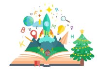 Eine Illustration von einem aufgeschlagenem Buch, aus dem Buchstaben, eine Rakete, eine Lupe und andere Dinge fliegen.