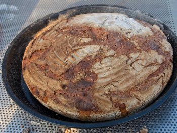 Ein Holzofenbrot in einer runden Form.