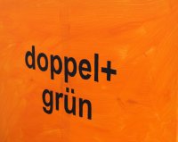 Der Text doppel+grün in schwarz auf orangem Grund.