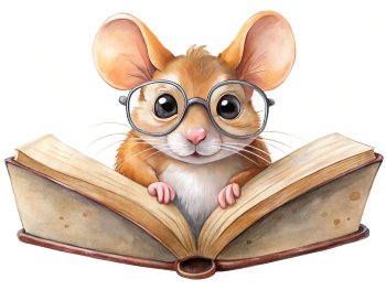 Copyright: AdobeStock farbige Zeichnung einer Maus mit großer Brille, die vor einem aufgeschlagenen Buch sitzt und den Betrachter anschaut
