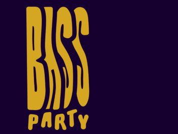 Schriftzug "Bass Party" in gelber Schrift vor dunkel-lilanem Hintergrund