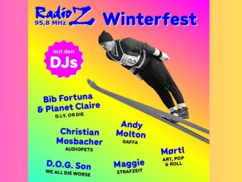 bunter Hintergrund mit Dj-Namen aufgeführt und Skispringer